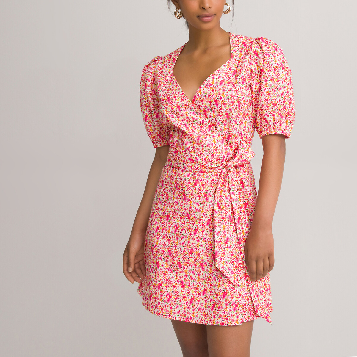 Floral cotton wrapover dress with short ...
